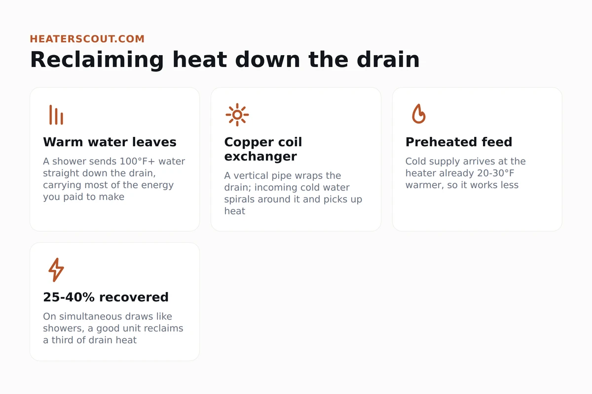 Diagram of a drain water heat recovery unit showing warm shower water leaving the drain, a copper coil exchanger preheating incoming cold water, and a preheated feed to the water heater