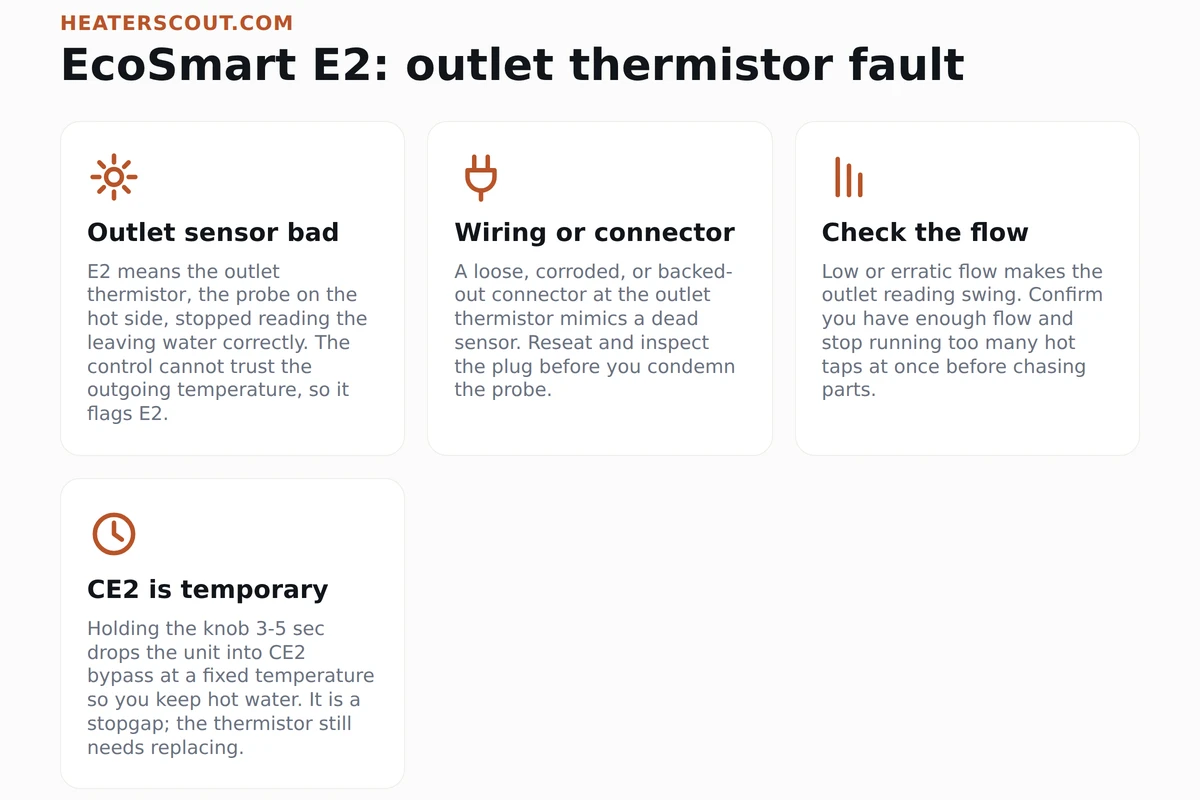 Four causes of EcoSmart E2 shown as icon cards: bad outlet thermistor, loose connector, low flow, and the CE2 bypass