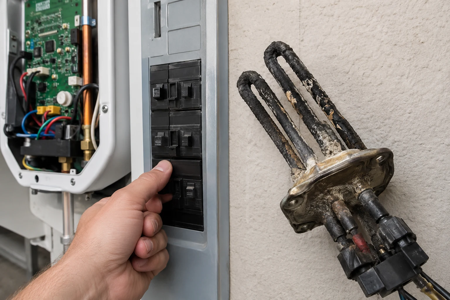 An EcoSmart electric tankless heater with its cover off, showing the heating elements, terminal lugs, and the inlet flow sensor being checked with a multimeter