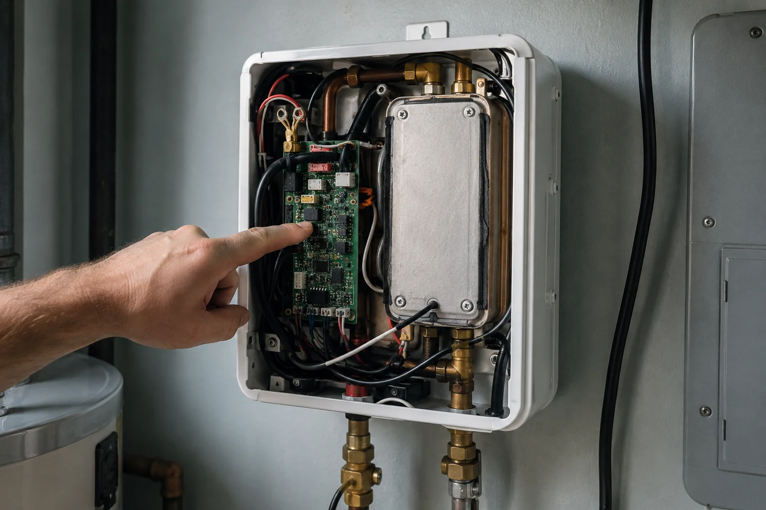 An Eemax electric tankless water heater with its front cover removed, showing the heating elements, the threaded terminal rods where an ohm test is taken, and the wiring terminals, with the breaker panel in the background switched off