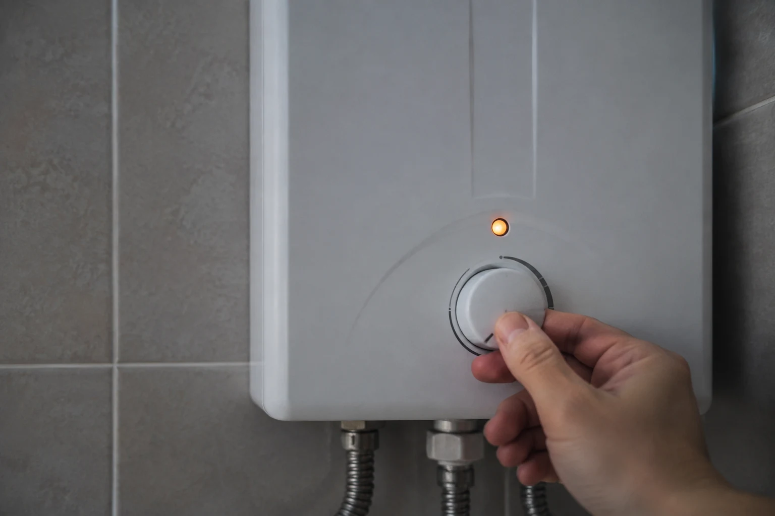 A multimeter measuring resistance across the heating element terminals of an electric tankless water heater with the front cover removed