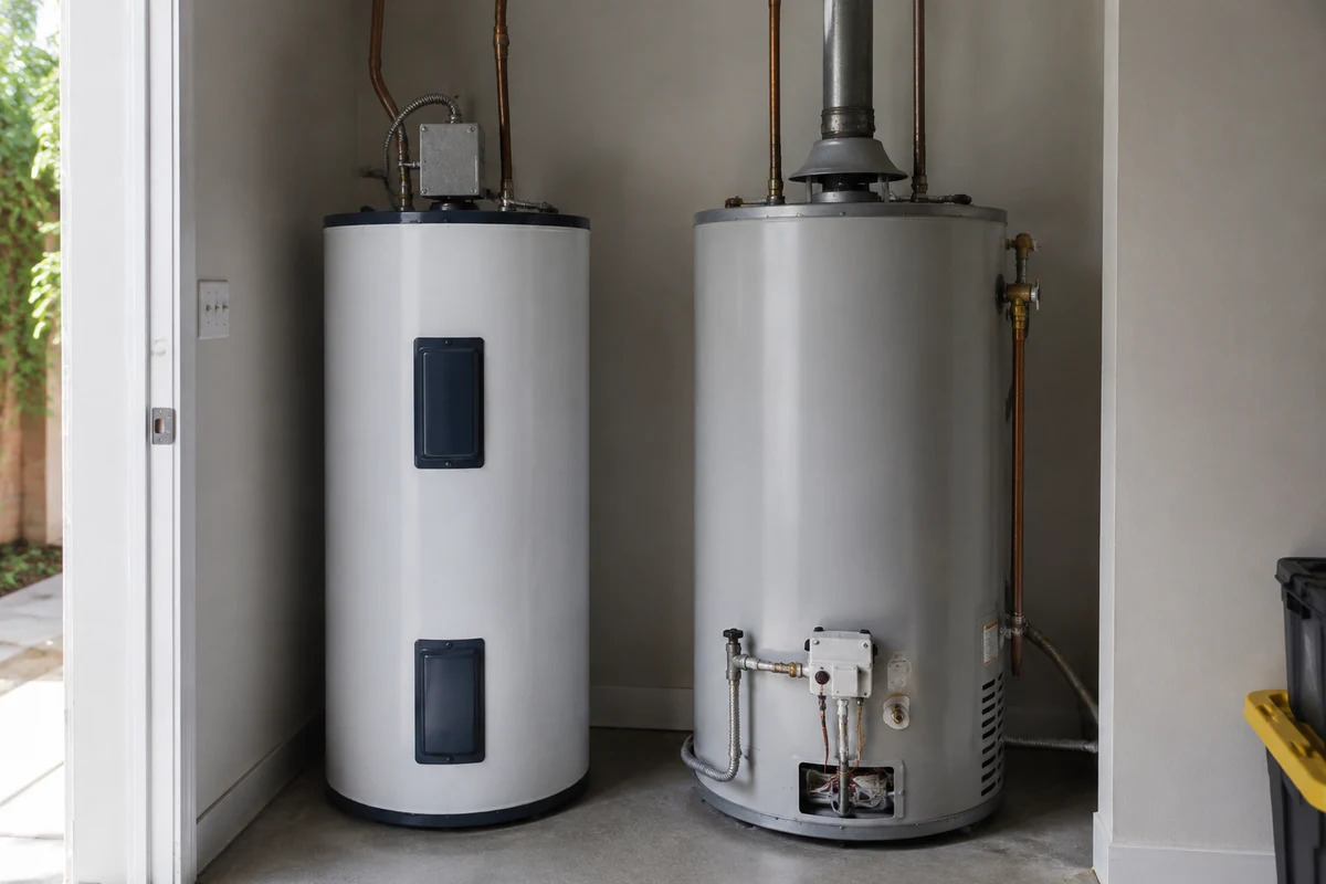 Electric tank water heater beside a gas tank water heater with flue venting in a utility room