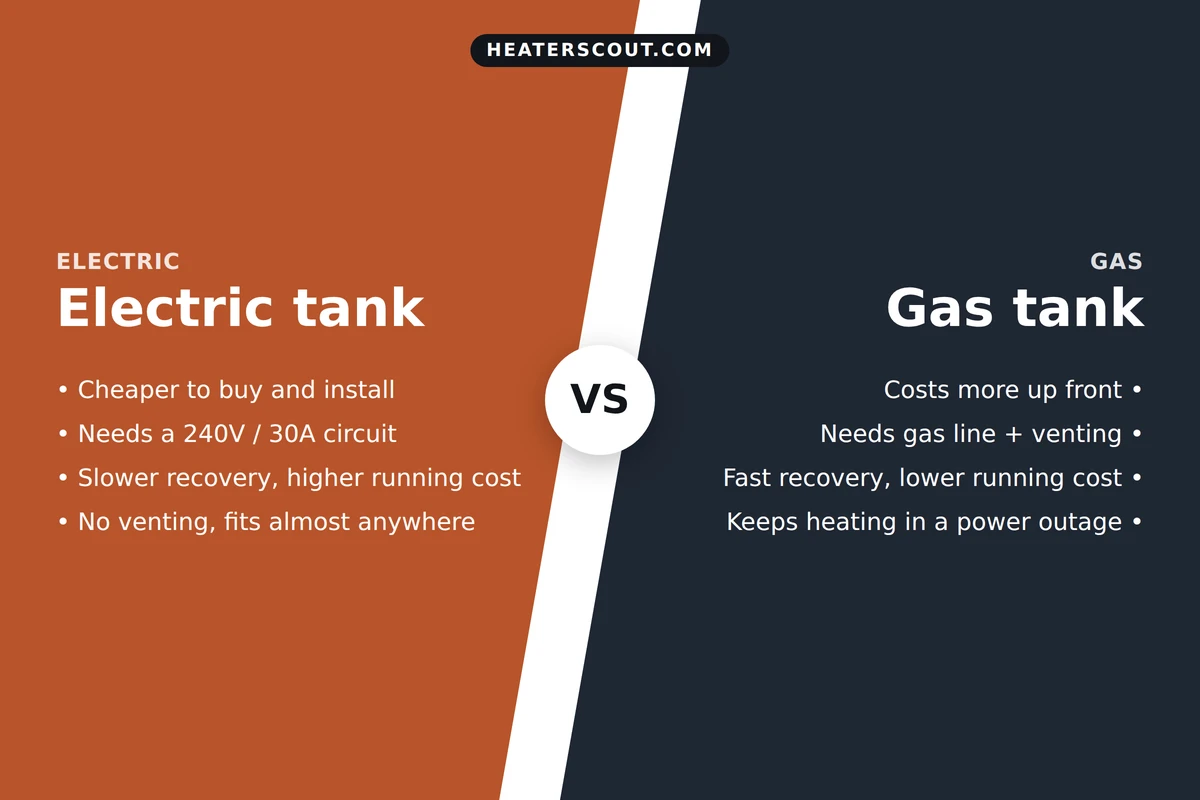 Split comparison of electric versus gas tank water heaters