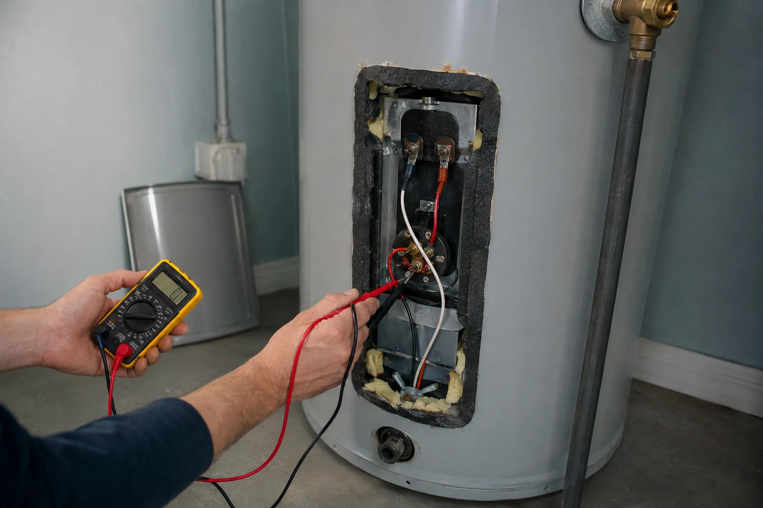 The upper access panel of an electric water heater opened to show the thermostat, the red high-limit ECO reset button, and the element terminals where a multimeter tests resistance