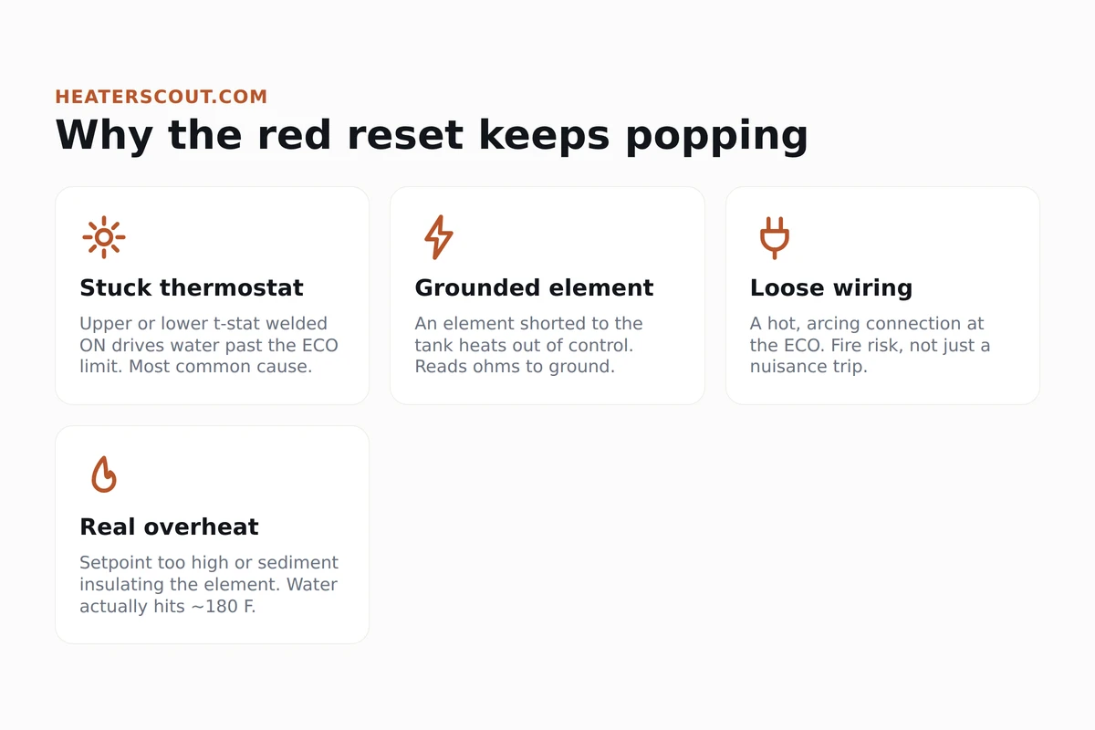 Electric water heater reset button trip causes at a glance: stuck thermostat, grounded heating element, loose wiring, and real overheating, each shown with an icon and short description