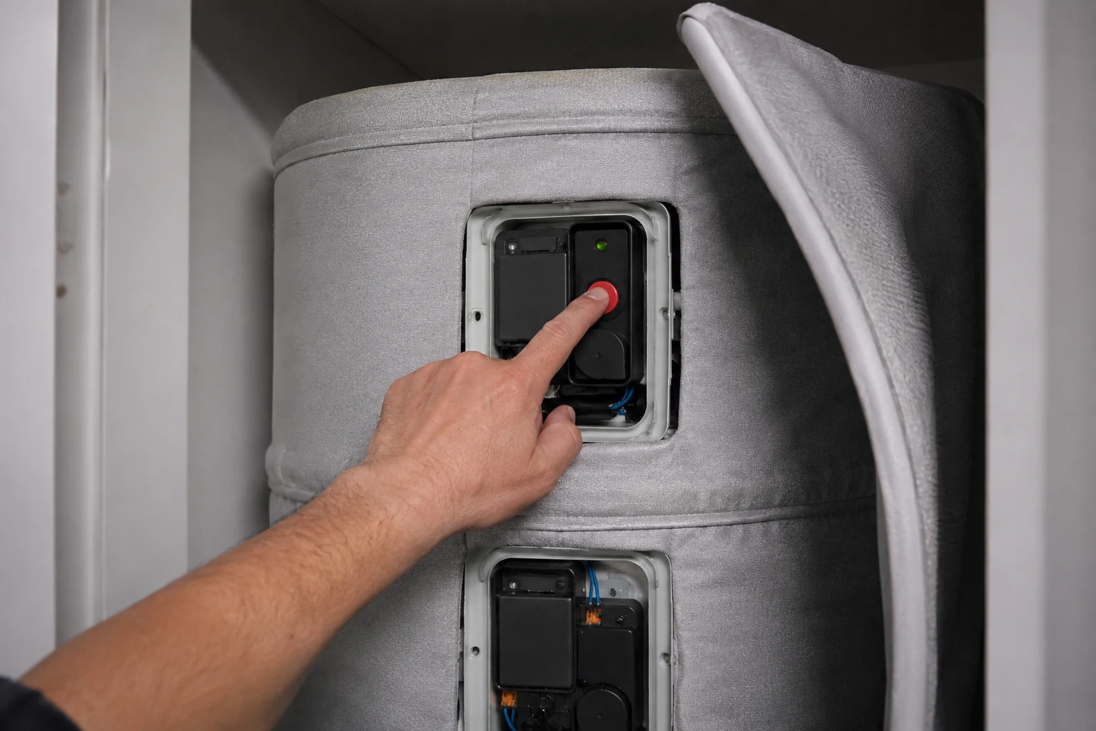 Close-up of an electric water heater upper thermostat with the plastic safety cover lifted, showing the red ECO high-limit reset button in the center and the element terminals to the side