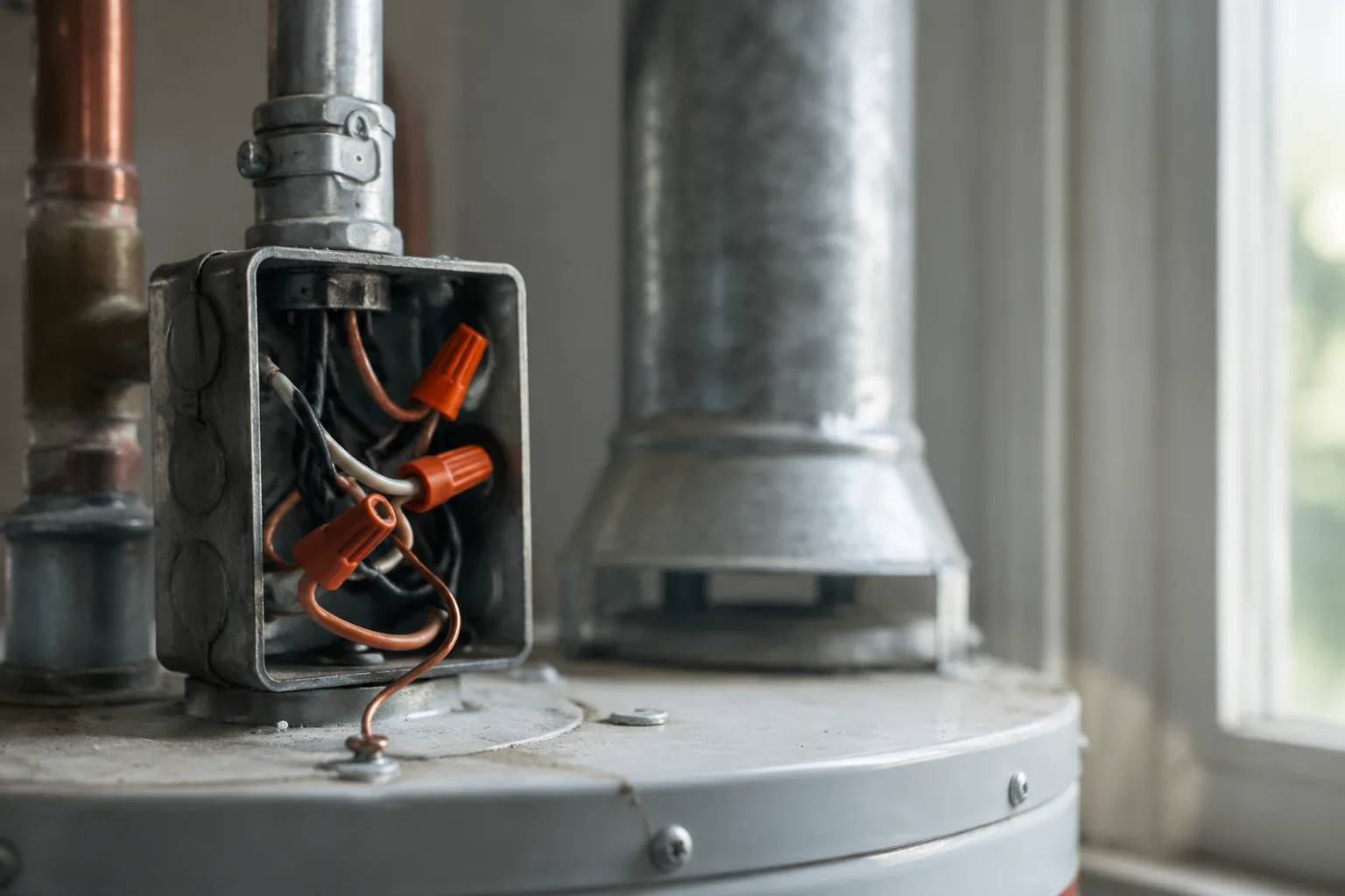 Multimeter probing a water heater element terminal to the tank shell to test for a ground leak