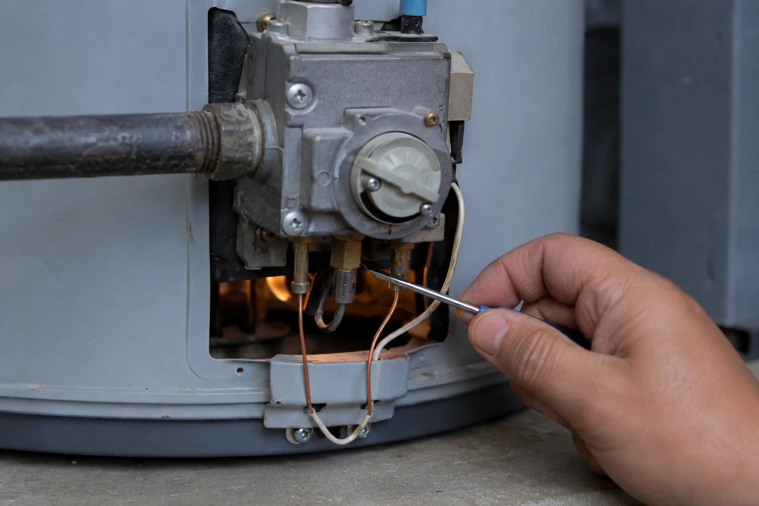 Close-up of a gas water heater control valve mounted low on the tank, showing the temperature dial, the pilot ignition knob, and the pilot and thermopile tubes running into the burner chamber where the internal solenoid actuates when the burner cycles