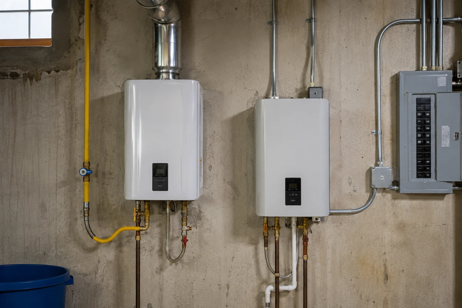 A gas tankless water heater mounted on a wall with its gas supply line and vent pipe beside an electric tankless unit with its electrical conduit, showing the different service each requires