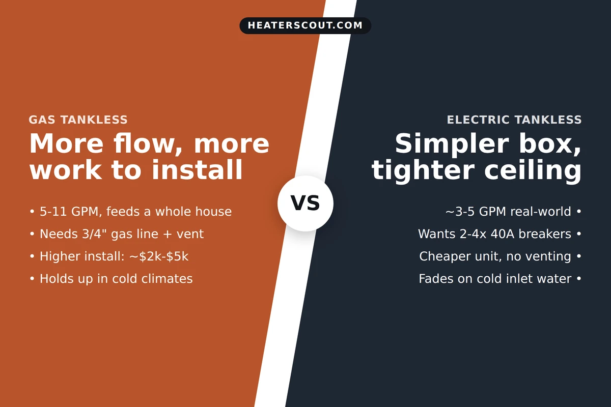Side-by-side comparison of gas tankless versus electric tankless water heaters, showing gas delivering 5 to 11 GPM with a gas line and vent, and electric delivering about 3 to 5 GPM but needing two to four 40-amp breakers