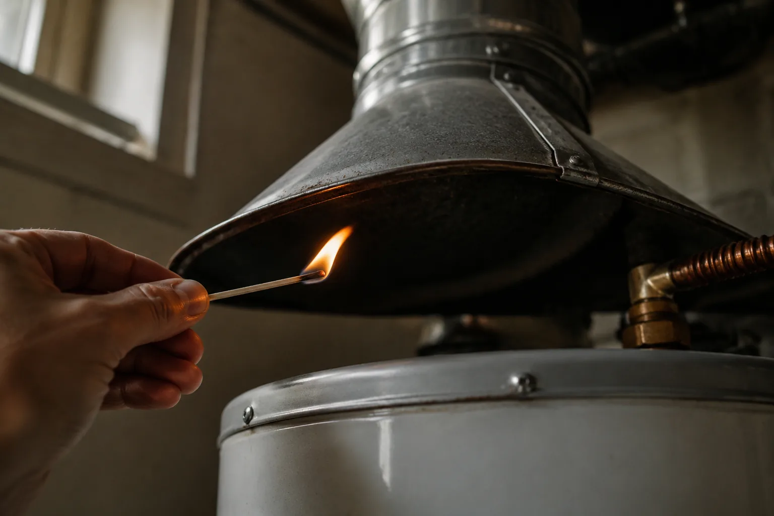 A lit match held near the edge of a draft hood, smoke bending toward the opening