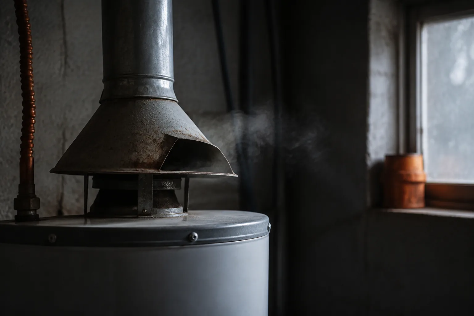 Draft hood on top of a gas water heater with a metal flue pipe rising to the vent