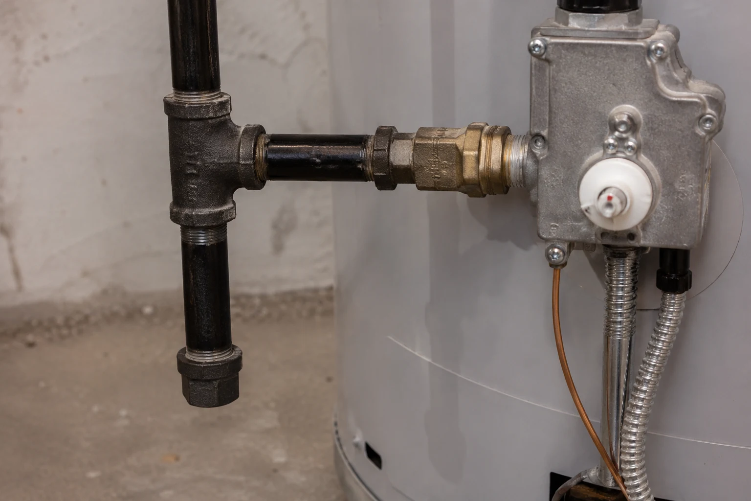 Close-up of a capped black iron nipple hanging below a tee on a gas water heater supply line with soapy water leak test