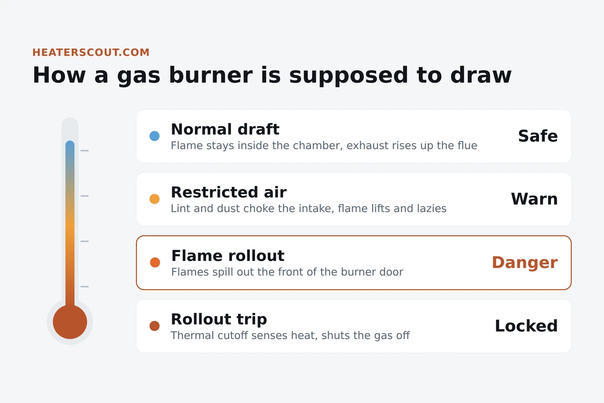 Diagram showing a gas water heater burner in normal draft, restricted air, flame rollout, and a tripped rollout switch
