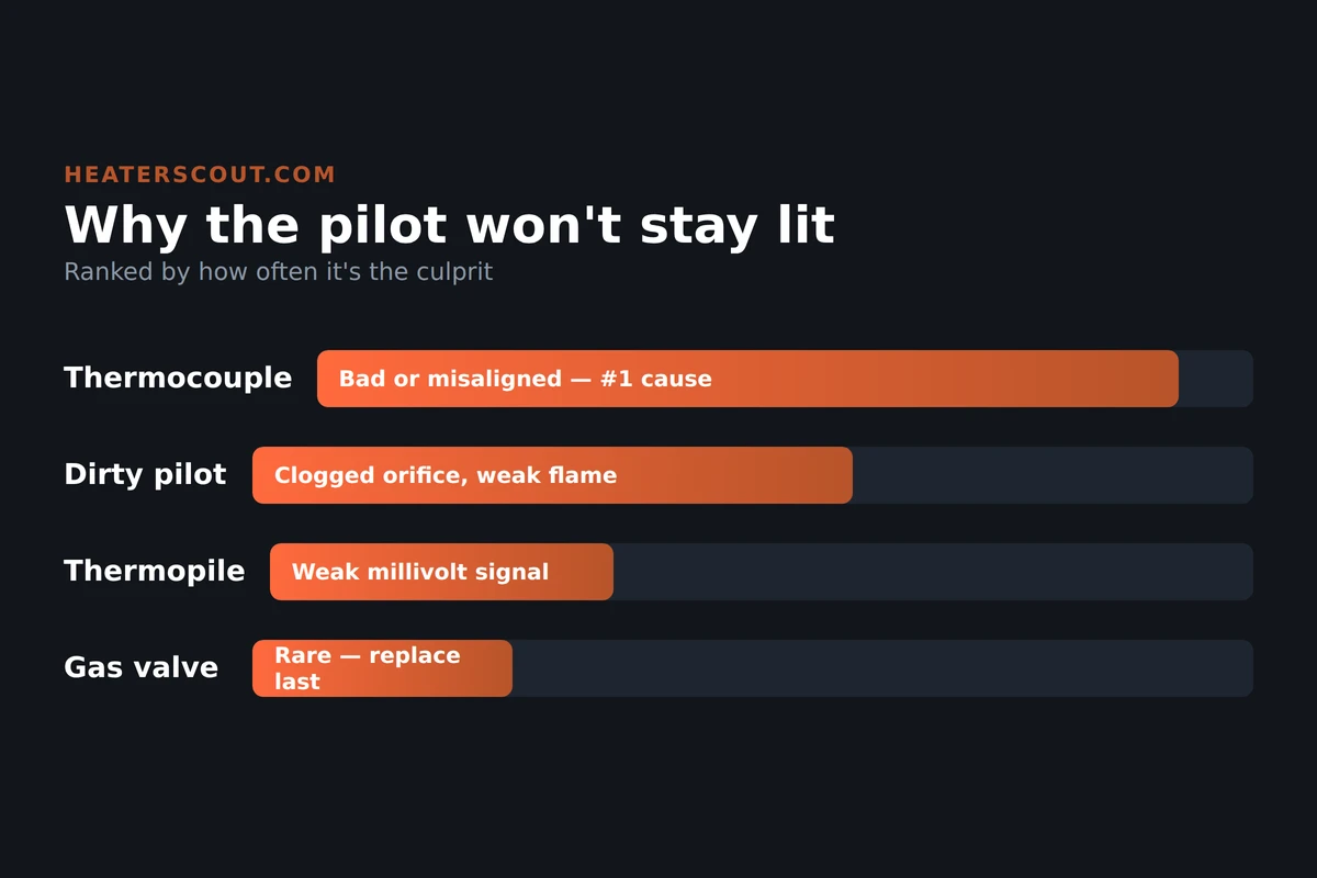 Bar chart ranking the causes of a pilot that won't stay lit, thermocouple most common