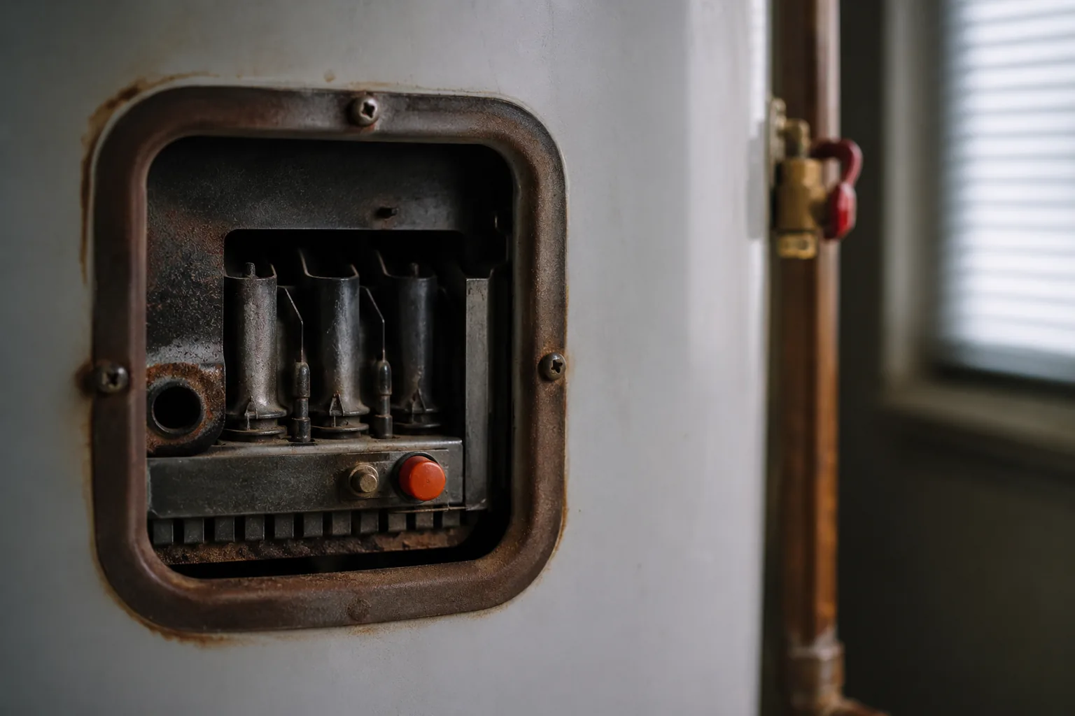 Person pressing the igniter button on a gas water heater trying to light the pilot