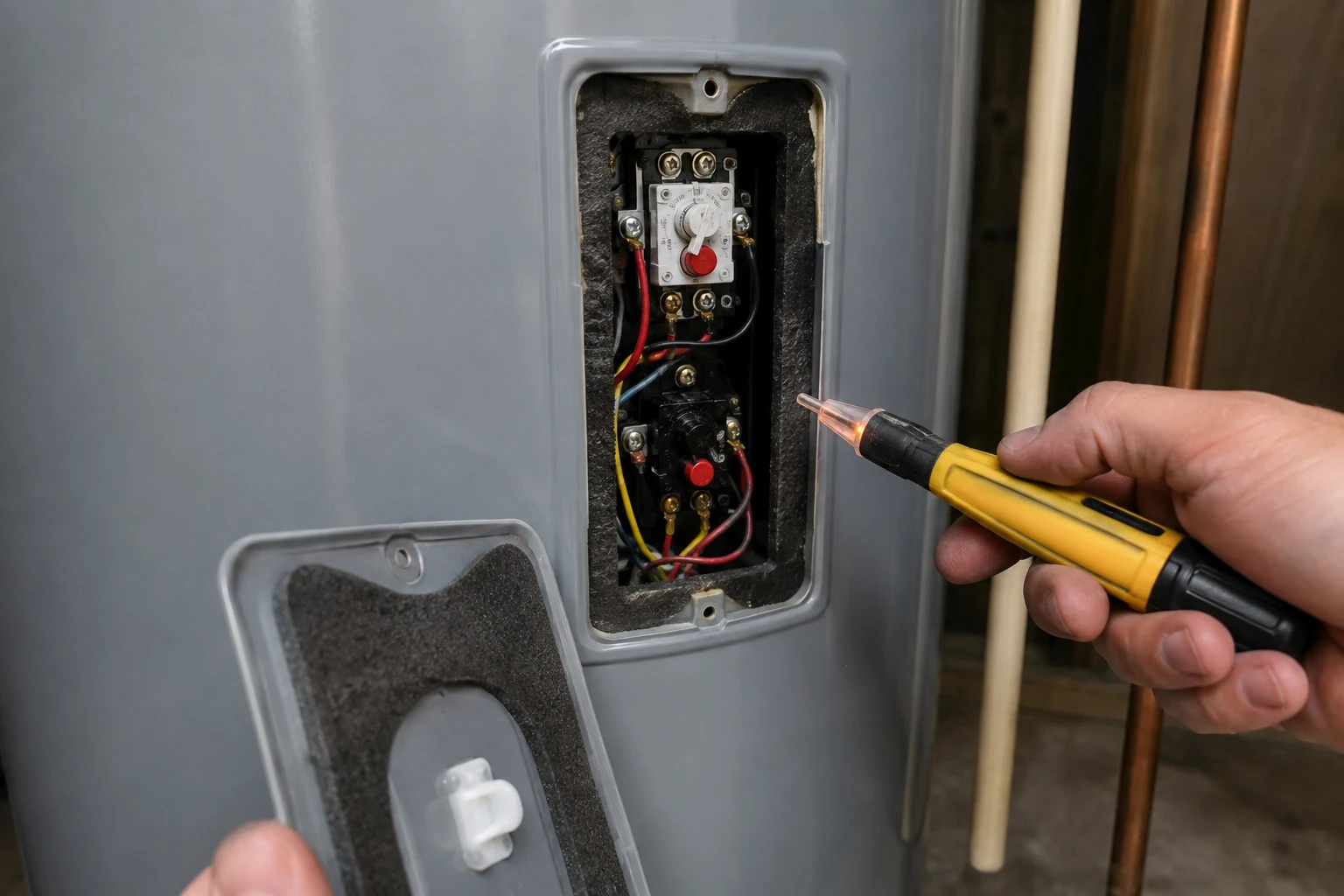 Upper access panel open on a GE Marathon electric water heater with the foam insulation folded back, showing the upper thermostat, the screw-in heating element, and the red ECO reset button on the high-limit switch
