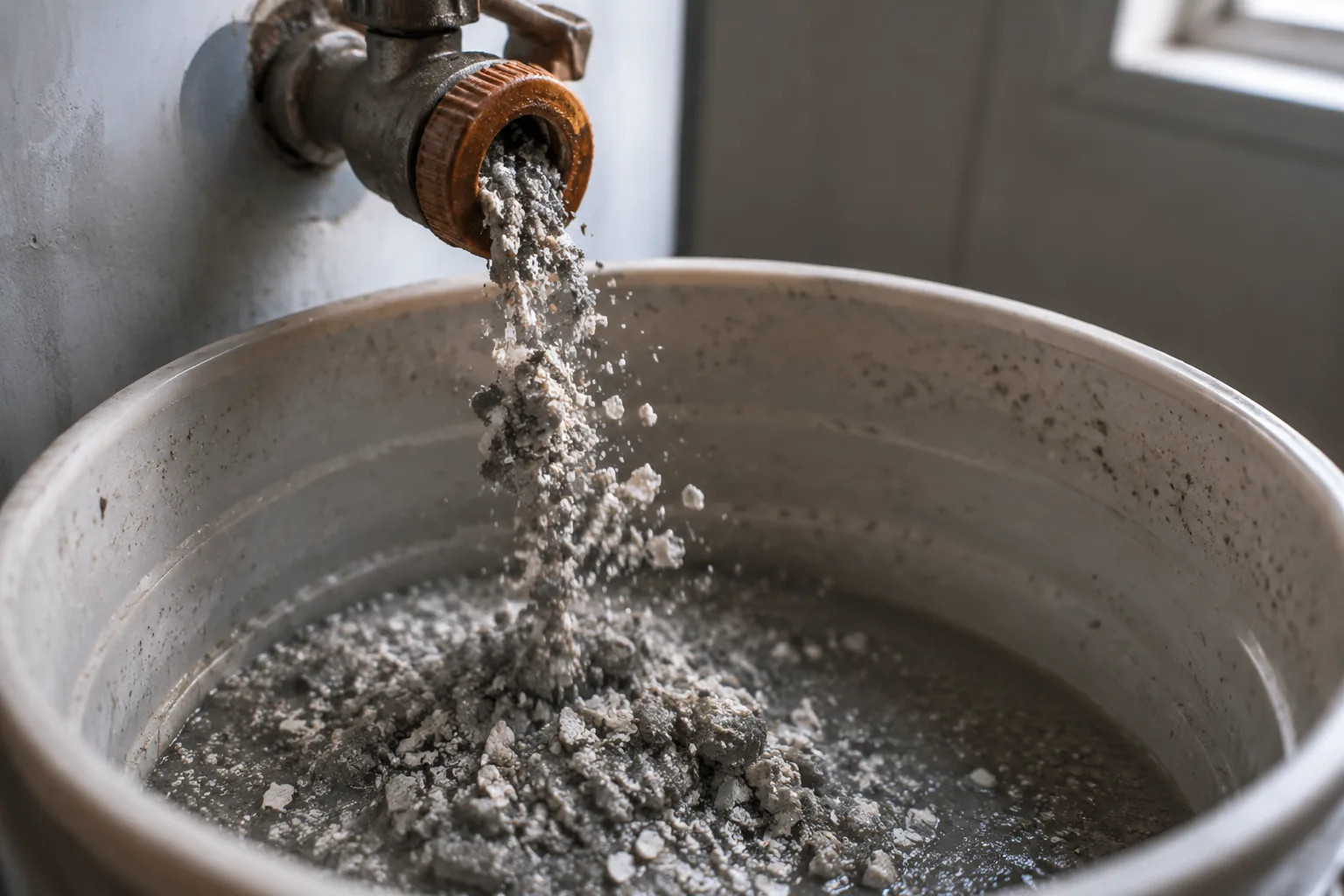 A garden hose draining sediment and scale from a water heater during a flush
