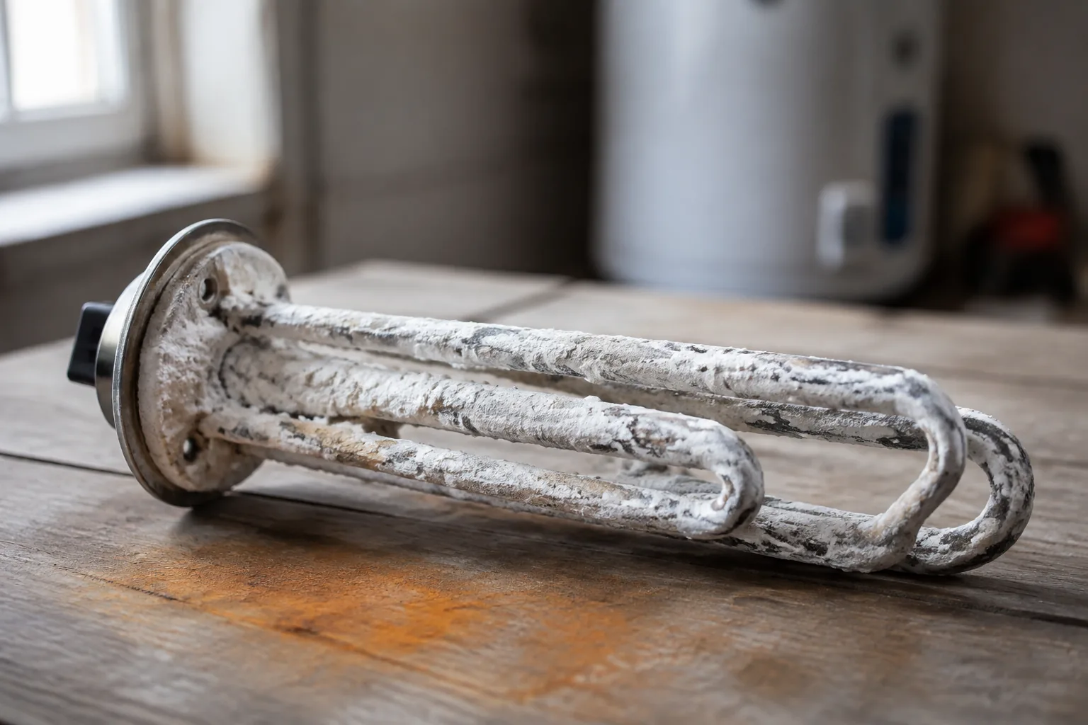 Scale and mineral crust built up inside a water heater tank from hard water