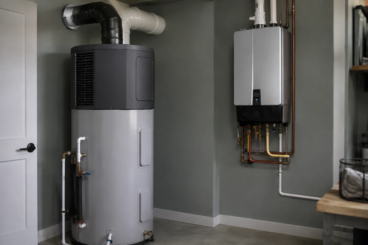 A heat pump water heater installed in a garage next to a wall-mounted tankless unit, showing the tank and top-mounted compressor of the hybrid beside the compact on-demand tankless