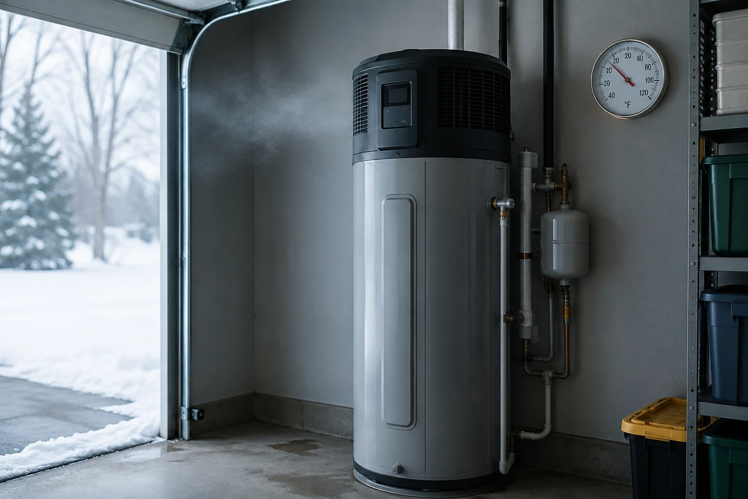 A hybrid heat pump water heater installed in a basement utility area with the top-mounted compressor and fan intake visible, a condensate drain line running to a floor drain, and open air space around the unit for airflow