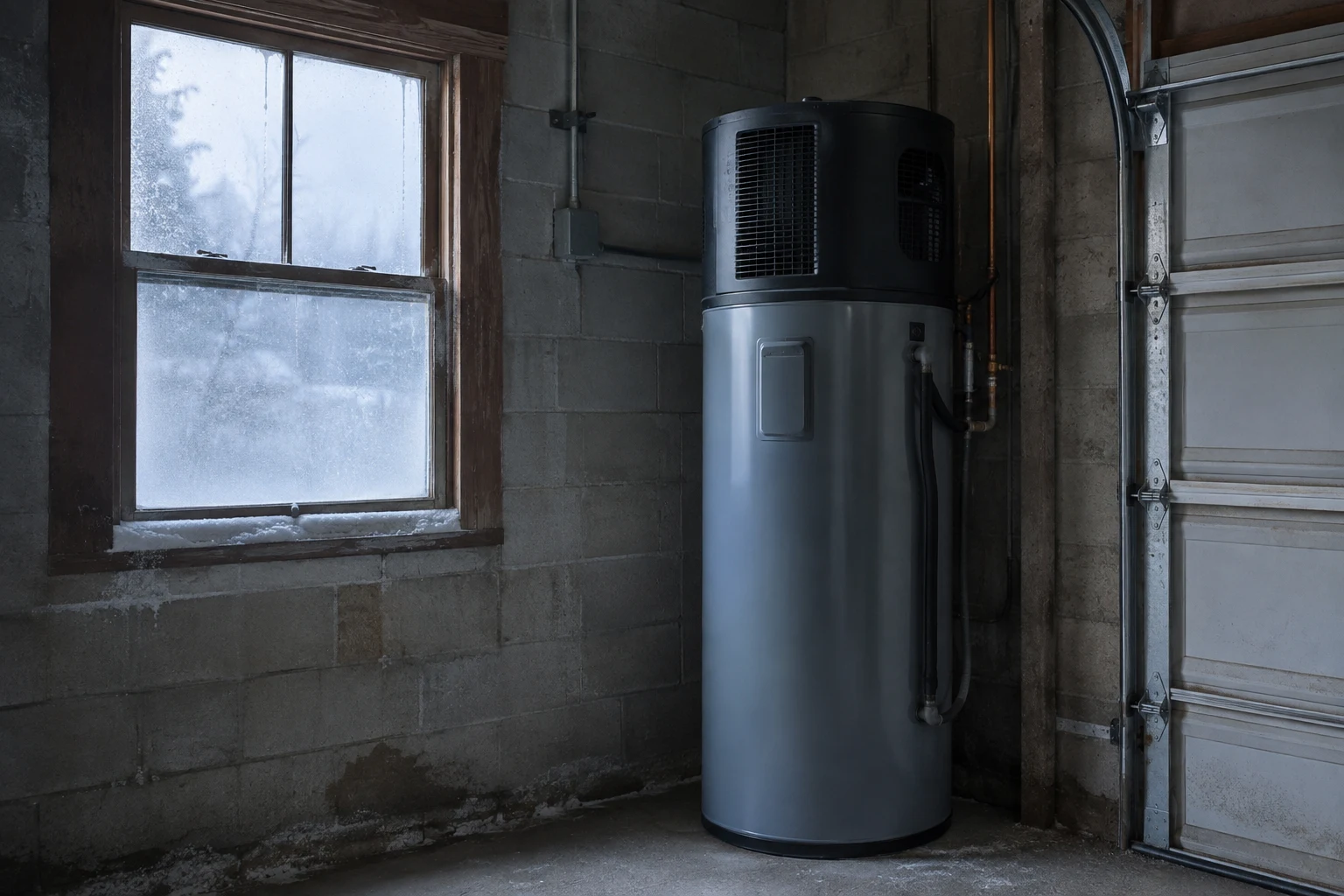 Heat-pump water heater standing in an unheated garage in winter