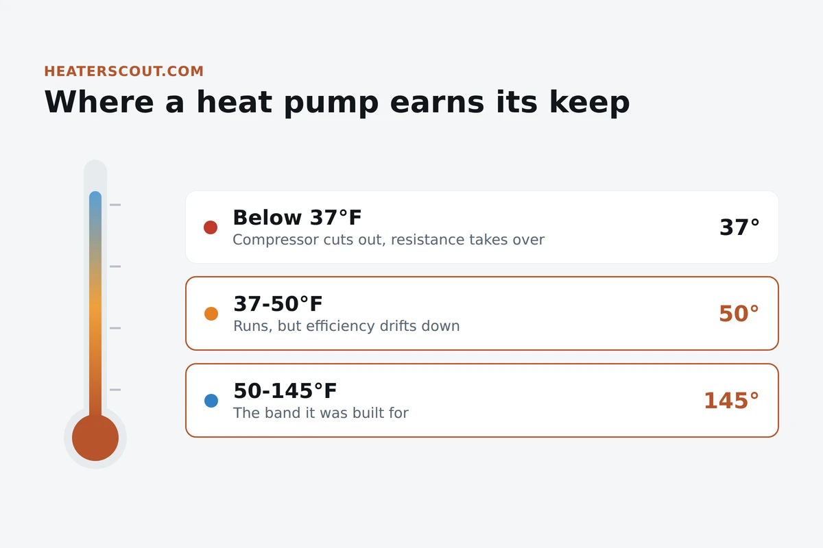 Ambient temperature band where a heat-pump water heater runs versus falls back to resistance