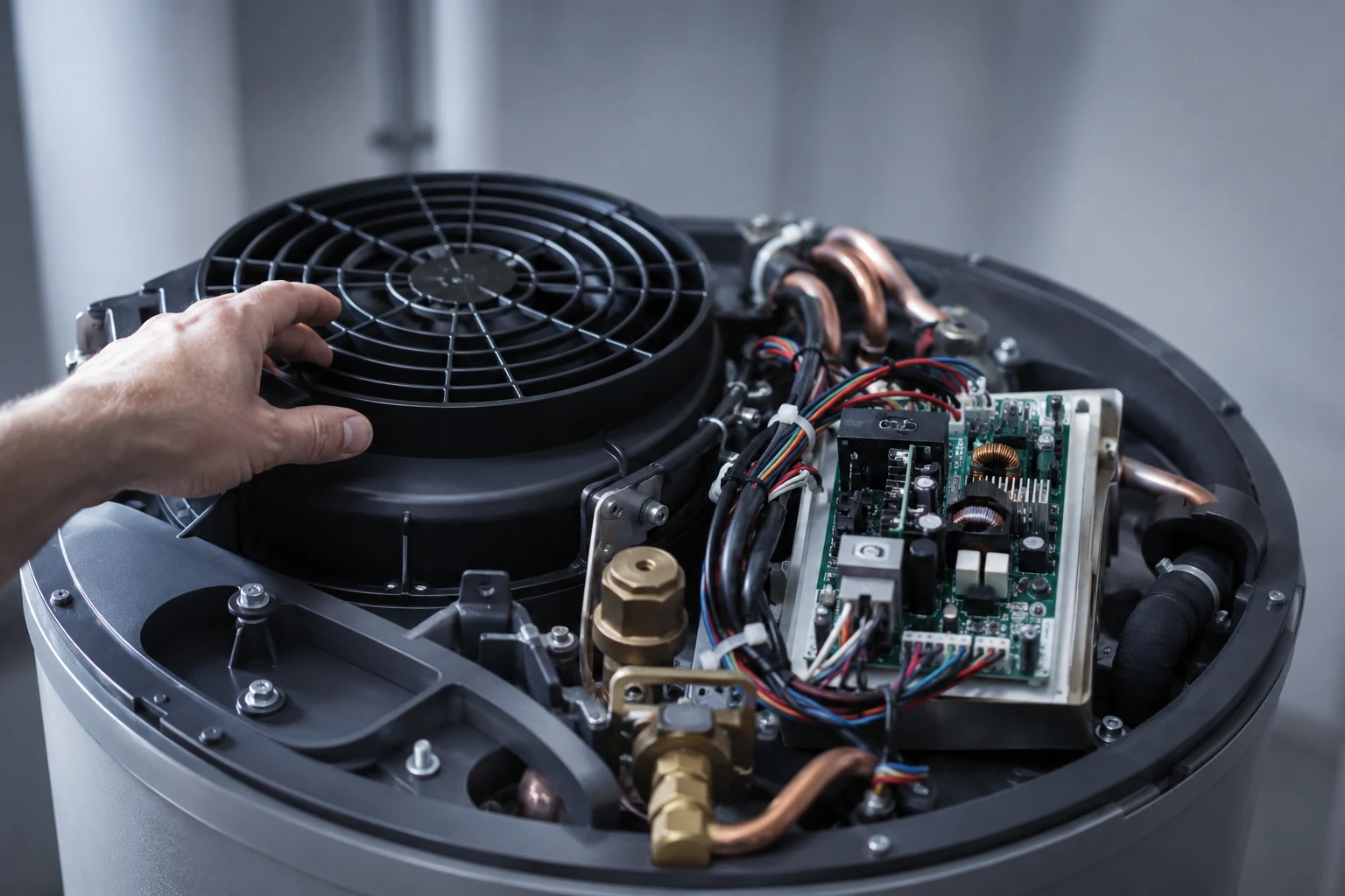 A hybrid heat pump water heater with its top air filter removed for cleaning, the round intake grille and evaporator fins visible, a homeowner holding the dusty filter panel