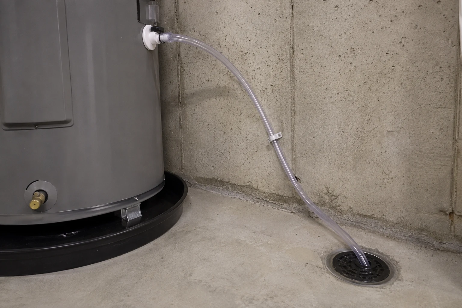 Clear condensate tubing running from a heat-pump water heater outlet down a basement wall to a floor drain, with the drain pan visible under the tank