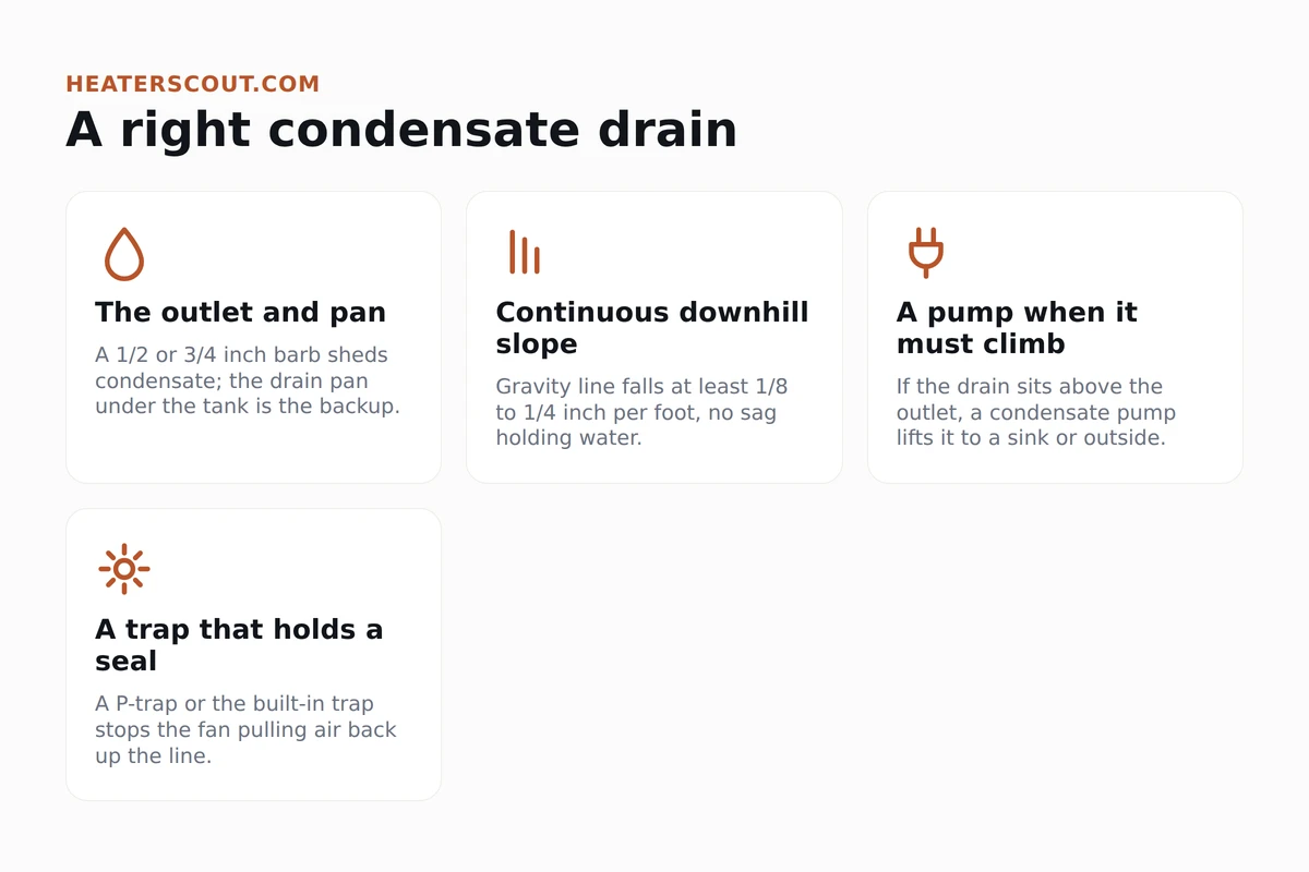 Icons infographic showing the parts of a correct heat-pump water heater condensate drain: the outlet and pan, a downhill-sloped gravity line, a condensate pump, and a trap that holds a seal
