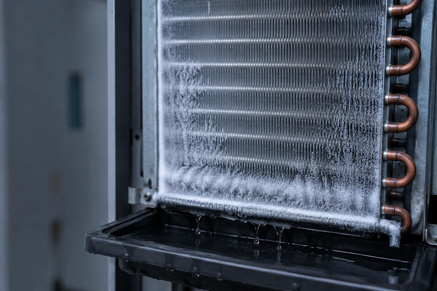 The top section of a hybrid heat pump water heater showing the evaporator coil, air filter intake, and fan, the components that affect frosting and defrost performance