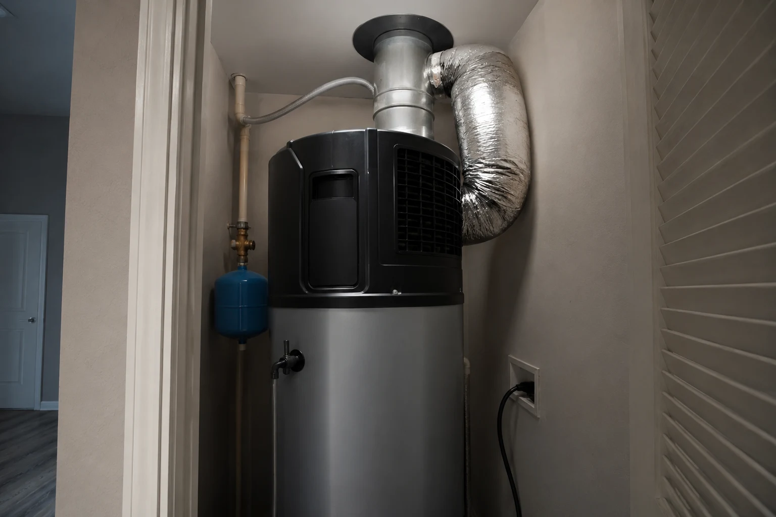 The top of a heat-pump water heater showing the intake and exhaust collars where the ducting kit attaches, with 8-inch round duct connected and the cold exhaust duct wrapped in insulation