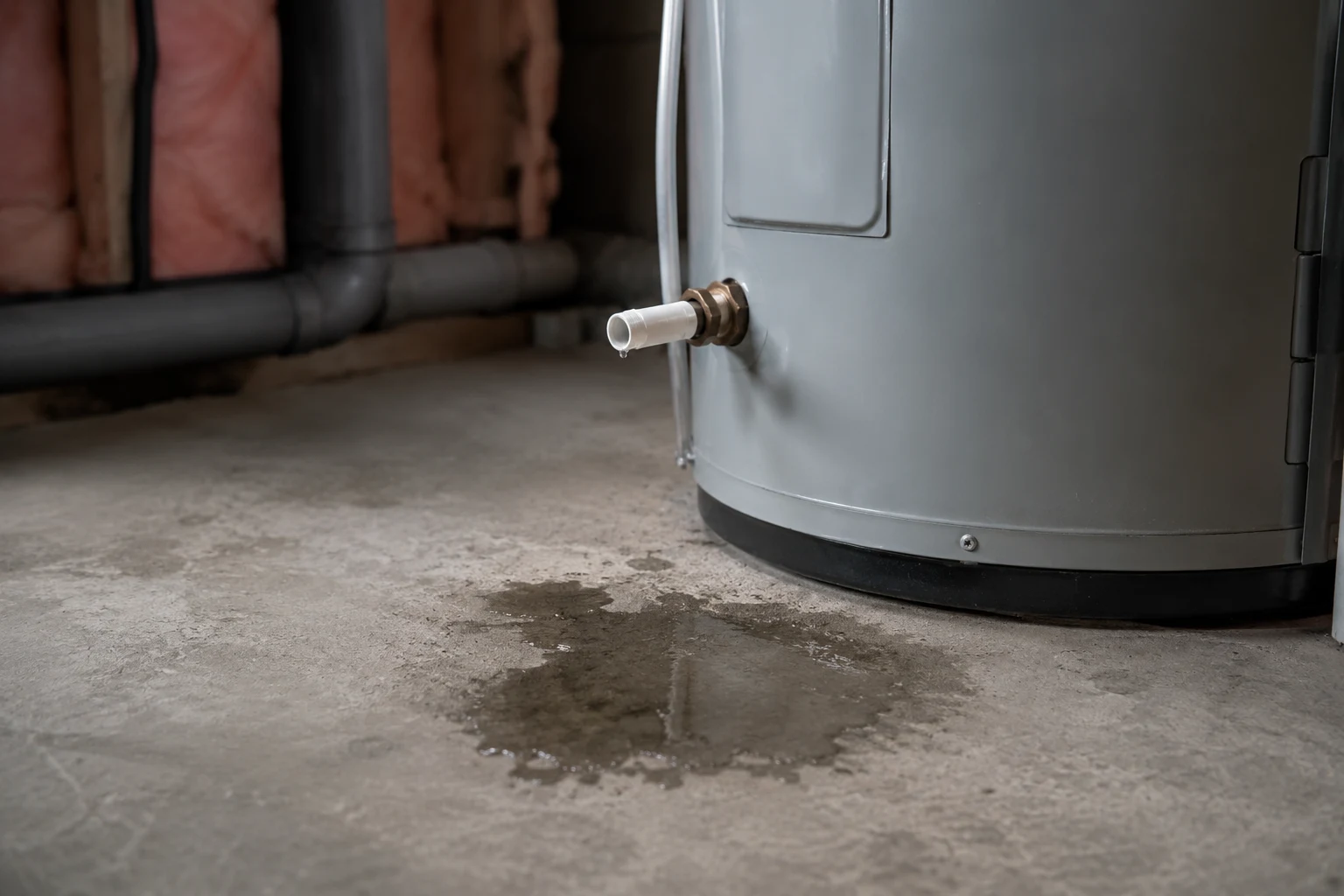 A hybrid heat-pump water heater sitting in a drain pan with a clear condensate line running off the side toward a floor drain, the point where a blocked or sagging line backs water up into the pan