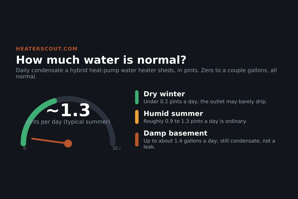 Radial gauge infographic showing how much condensate a hybrid heat-pump water heater produces per day, from under a fifth of a pint in dry winter to over a gallon in a humid basement, all within the normal green range