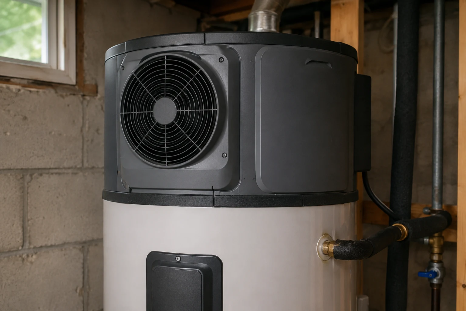 Top of a heat pump water heater showing the fan grille and compressor housing in a utility room