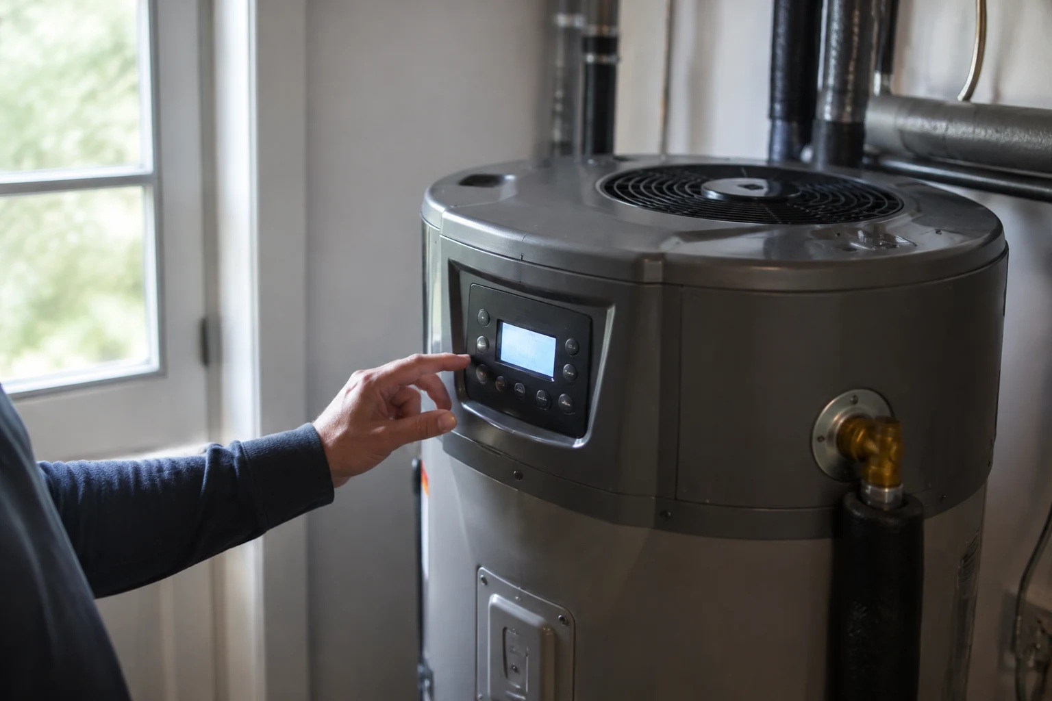 Open control panel and access cover on a hybrid heat-pump water heater in a utility room, showing the mode display and the air filter slot on top