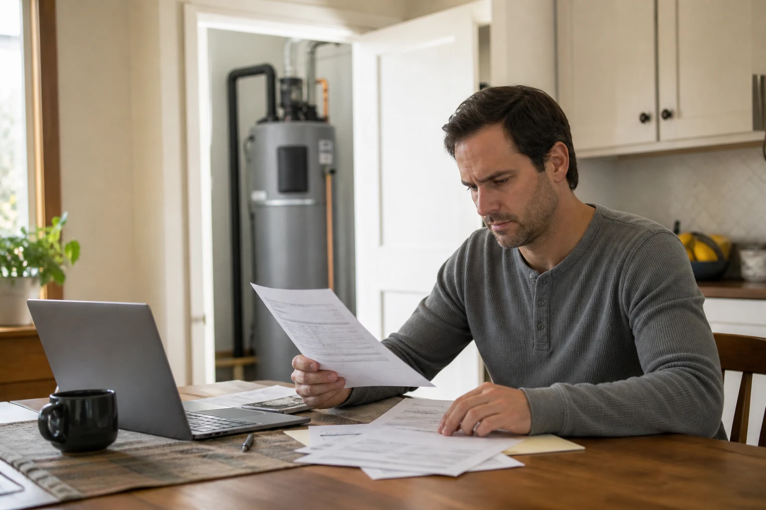 Homeowner at a kitchen table with a water heater invoice and IRS Form 5695 tax paperwork