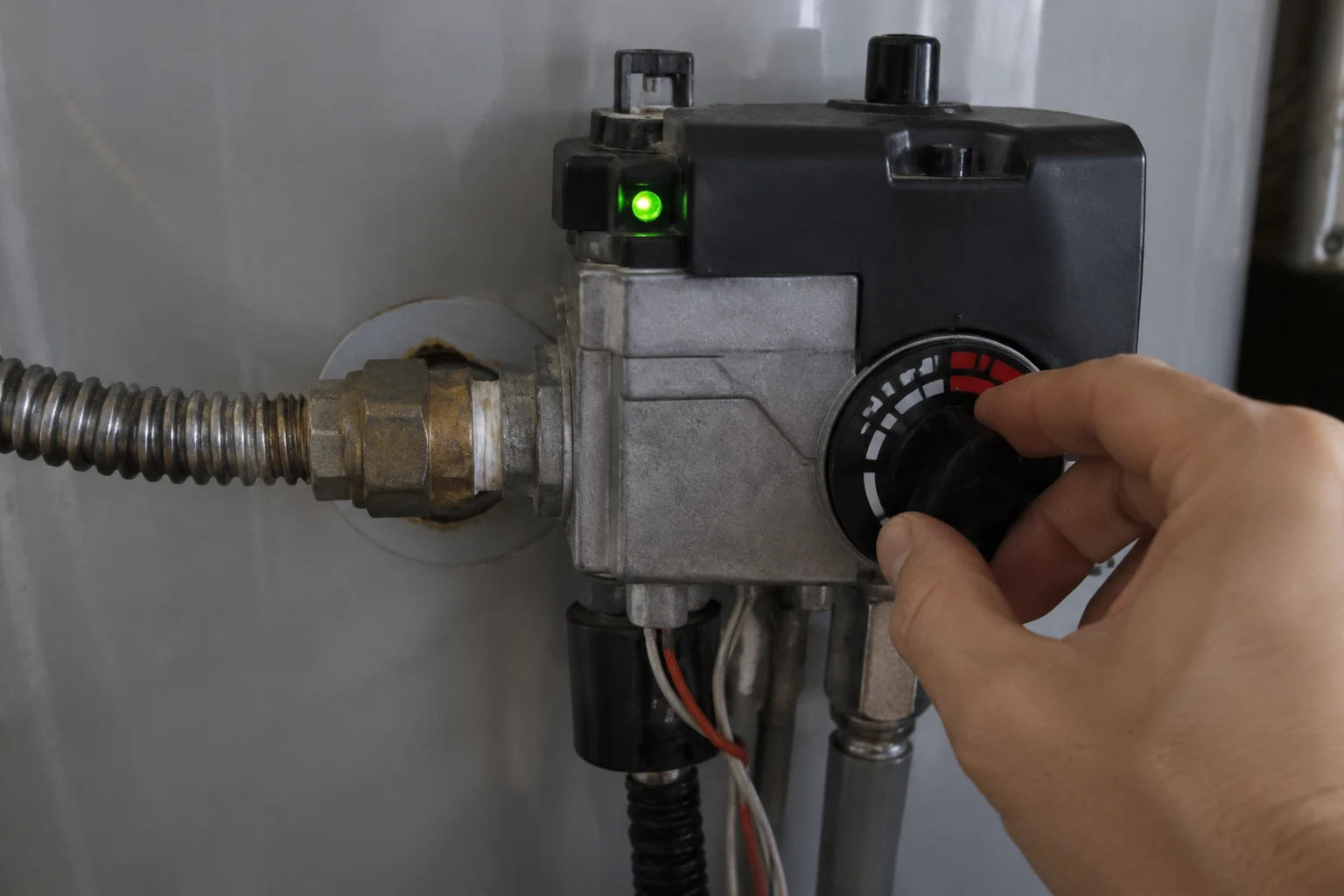 A Honeywell gas control valve at the base of a water heater with the status light and temperature setpoint dial visible, where flash codes are read and the dial reset is done