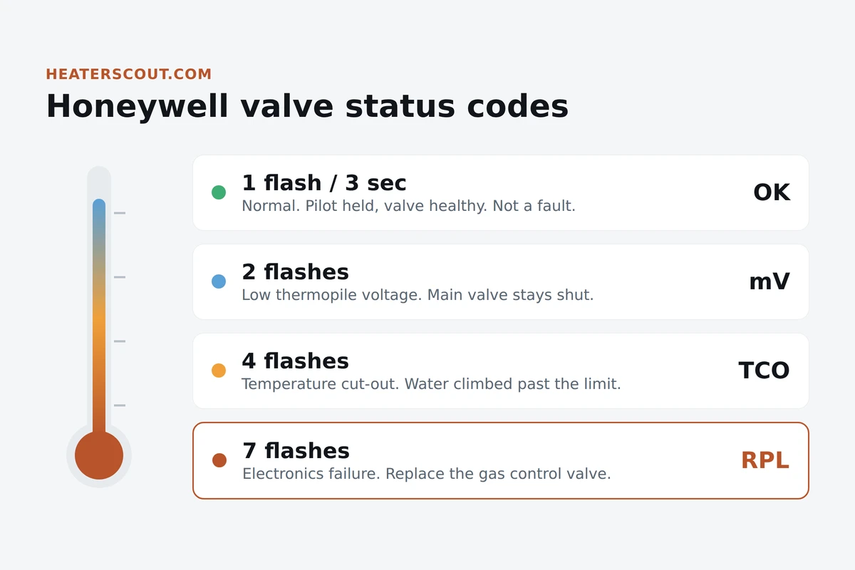 Honeywell water heater gas valve status-light code map showing 1 flash normal, 2 flashes low thermopile, 4 flashes temperature cut-out, and 7 flashes electronics failure