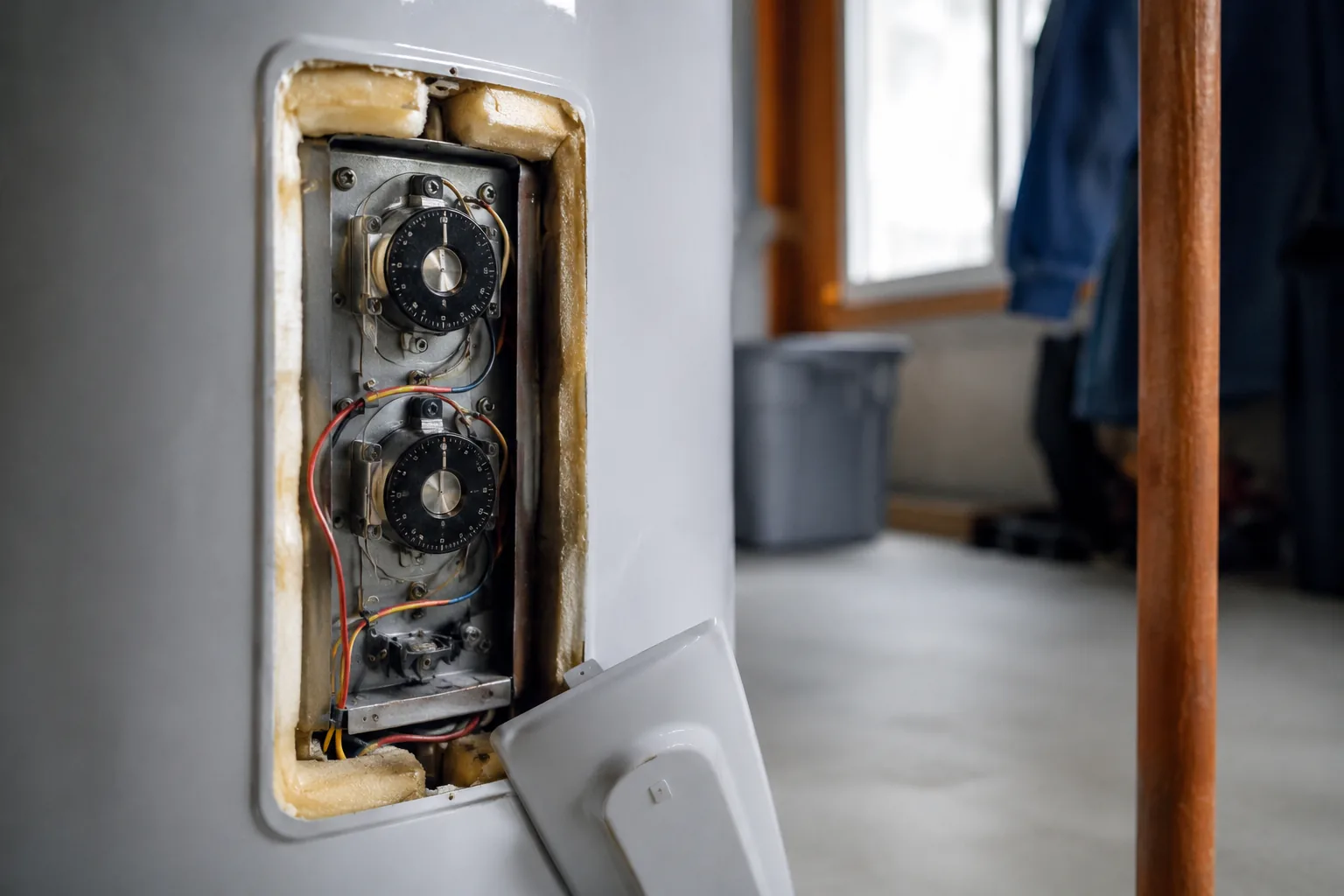 Multimeter probing an electric water heater lower heating element behind the access panel
