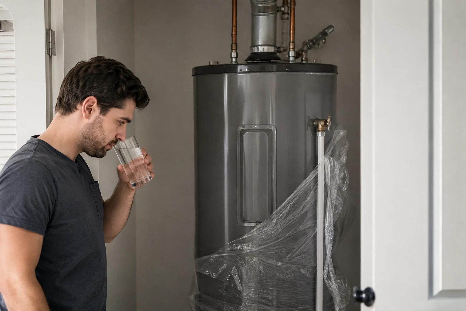 A new white plastic dip tube being pulled from the hot-water outlet of a water heater during inspection, one of the main sources of a plastic smell in new hot water