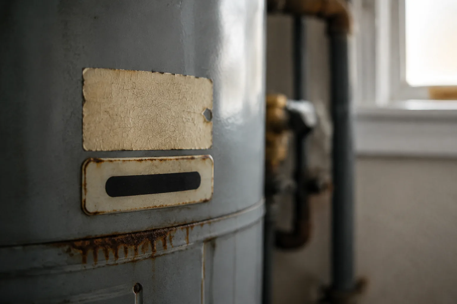 A corroded sacrificial anode rod removed from a water heater next to a new one