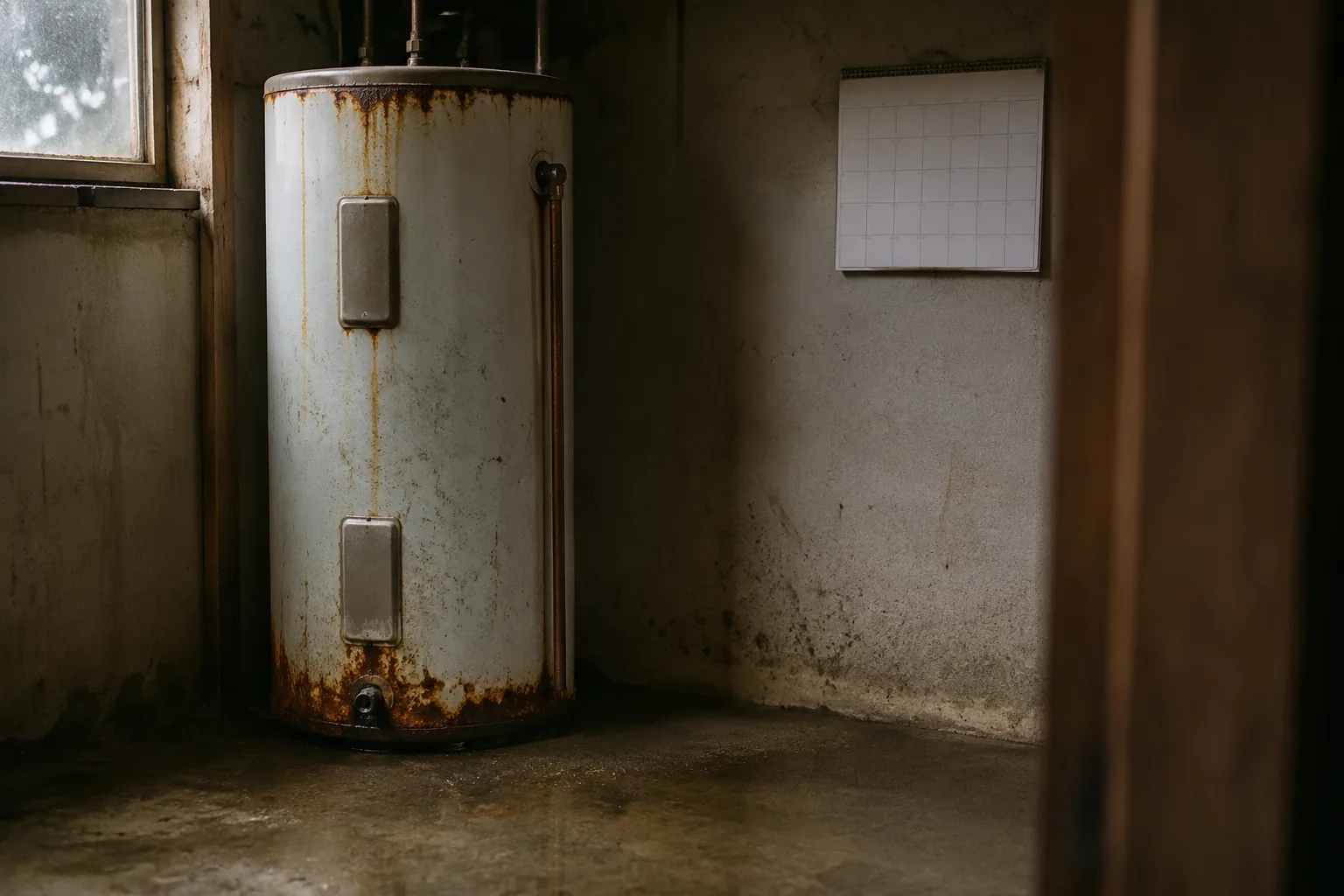Older residential tank water heater in a basement with visible age and rust