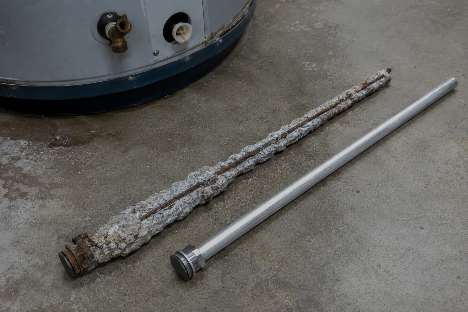 A spent water heater anode rod pulled from a tank, corroded down to the exposed steel core wire