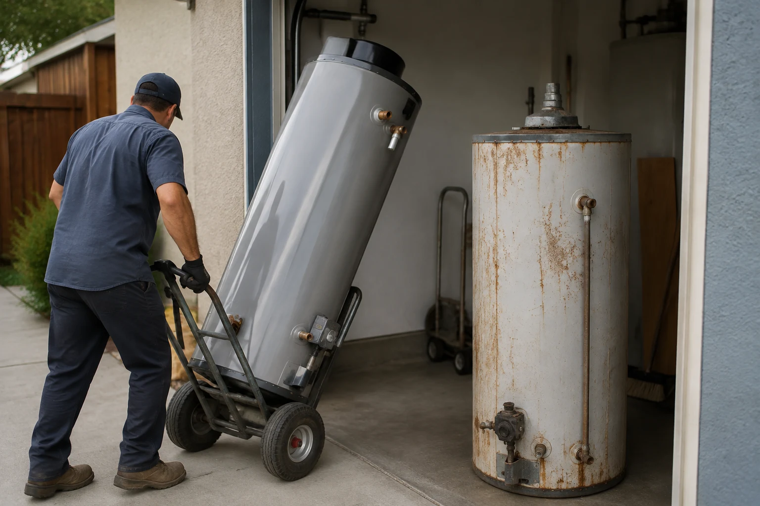 Plumber connecting water lines and a gas flex to a newly installed 50-gallon tank water heater with an expansion tank and drip pan