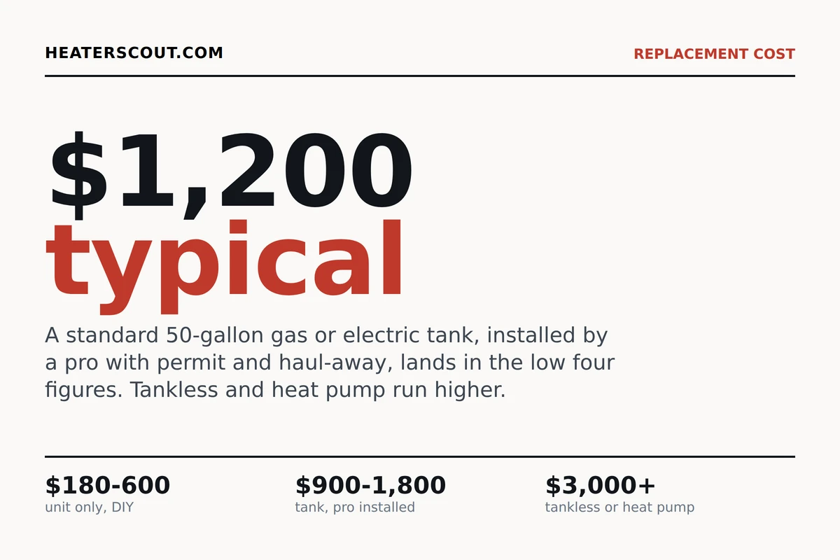 Water heater replacement cost breakdown showing unit only DIY, tank pro installed, and tankless or heat pump price tiers