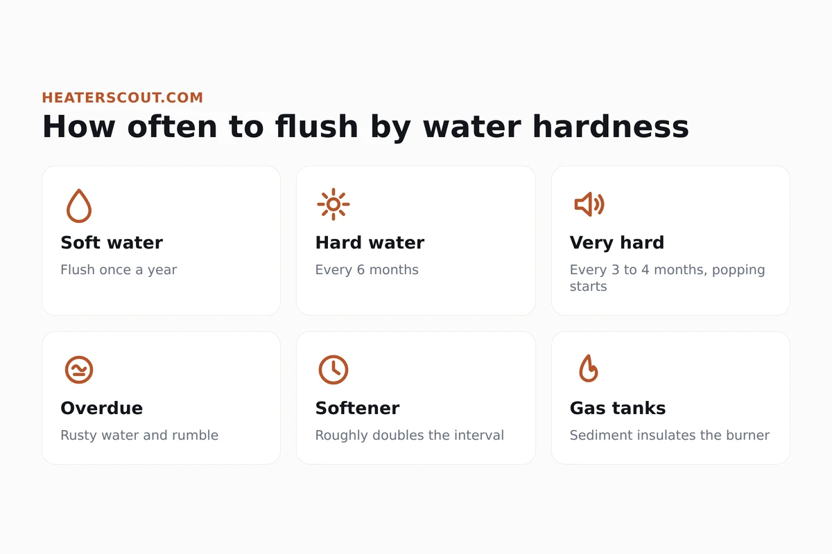 Icon grid showing recommended water heater flush intervals for soft, hard, and very hard water
