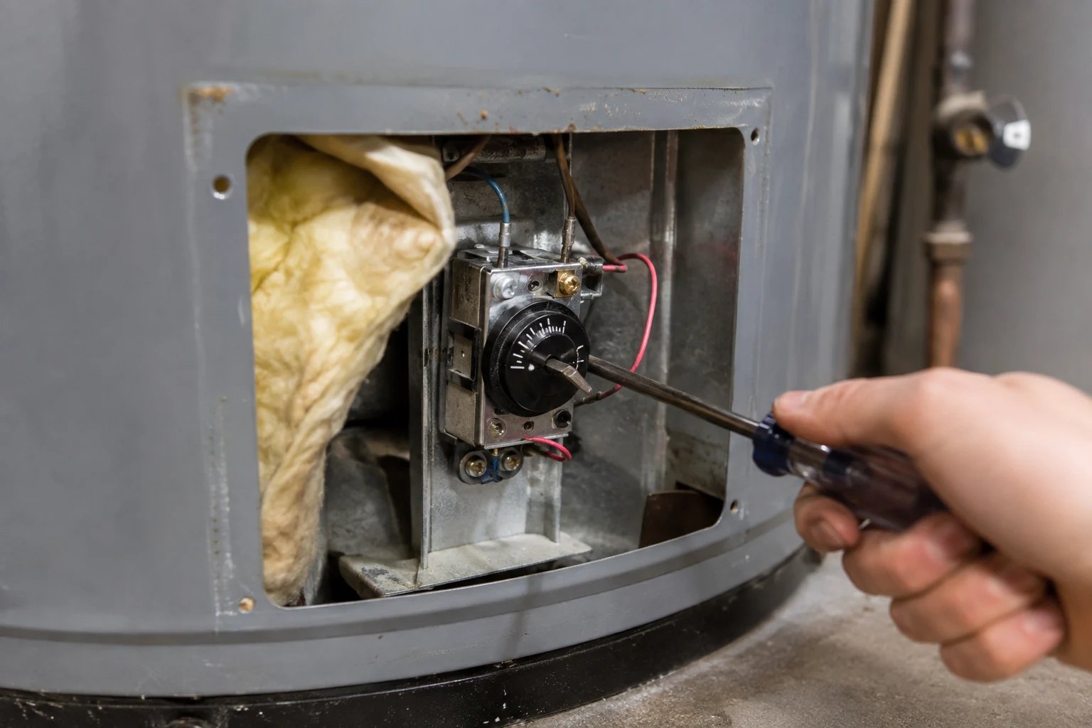 Hand adjusting the temperature dial on the front of a gas water heater control valve