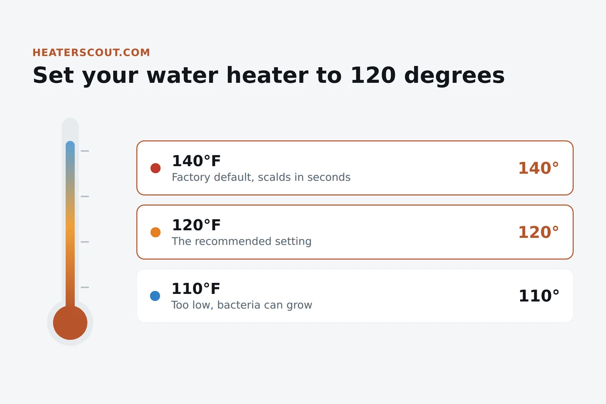 Thermometer graphic comparing 140, 120 and 110 degree water heater settings