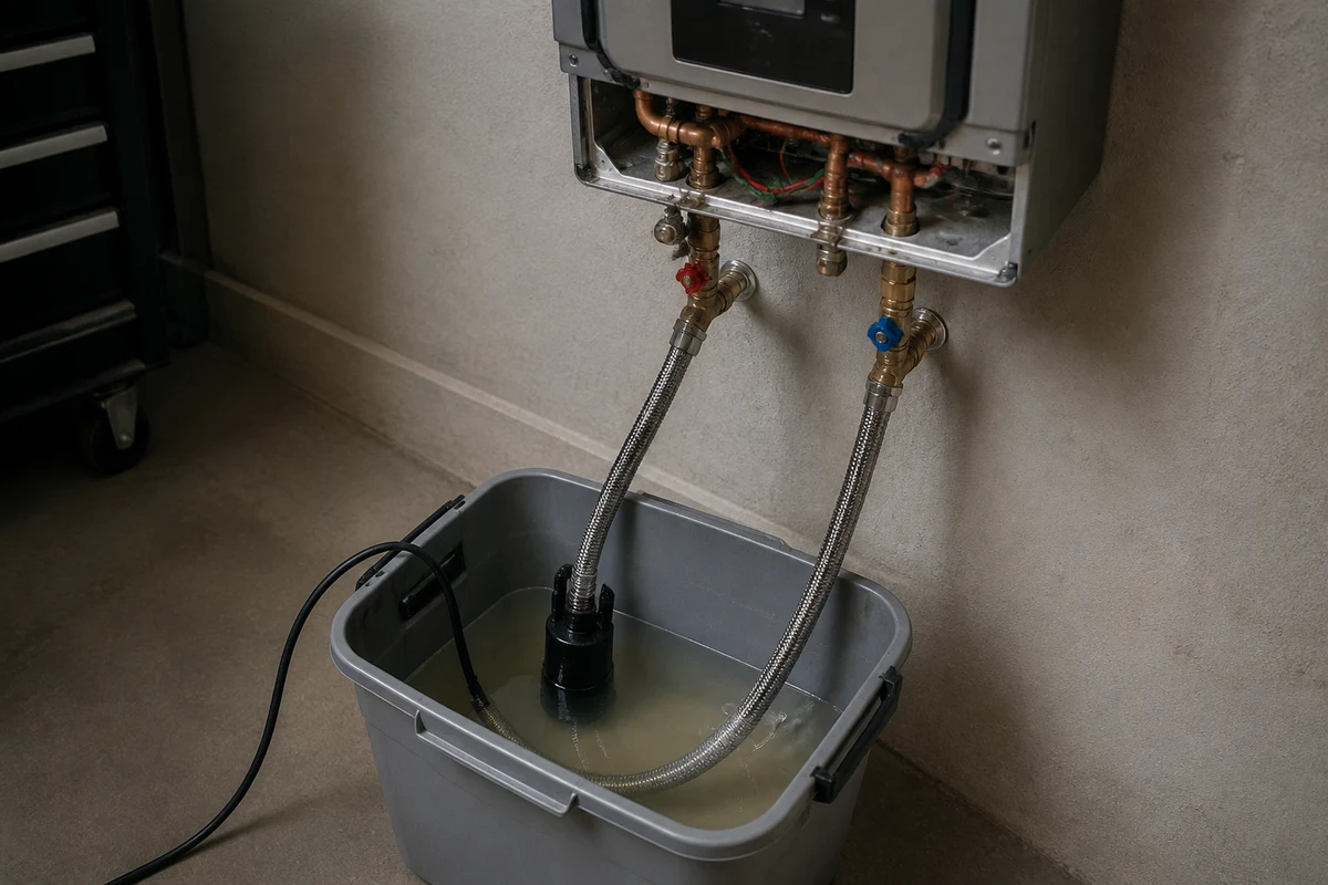Tankless water heater being flushed with vinegar through the service valves into a bucket